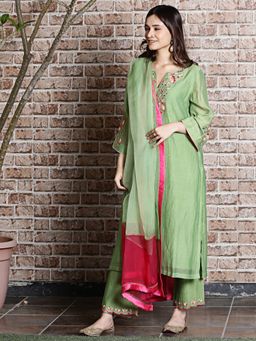 Spring Soul - Green Chanderi Embroidered Kurta and Pant with Ombre Dupatta (Set of 3)