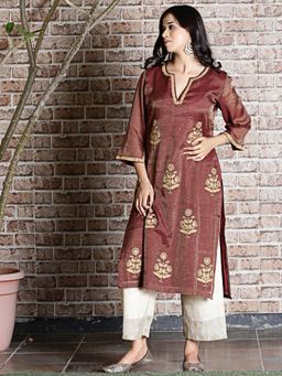 Spring Soul - Brown Chanderi Embroidered Kurta and Pant (Set of 2)