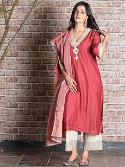 Spring Soul - Brick Red Chanderi A-Line Embroidered Kurta and Pant with Dupatta (Set of 3)
