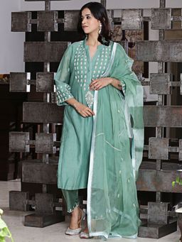 Spring Soul - Jade Chanderi A-Line Embroidered Kurta and Pant with Dupatta (Set of 3)