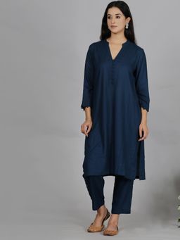 Spring Soul - Navy Blue Solid Viscose Kurta with Pant (Set of 2)