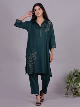 Spring Soul - Green Embroidered Viscose Cotton Kurta with Pant (Set of 2)