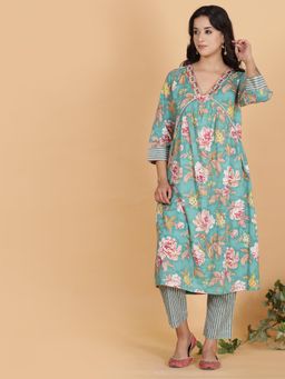 Spring Soul - Blue Floral Printed A-Line Cotton Kurta with Pant (Set of 2)