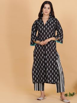 Spring Soul - Black Ikat Kurta with Striped Pant (Set of 2)