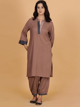 Spring Soul - Brown Solid Cotton Modal A-Line Neck And Detailing Kurta With Salwar (Set of 2)