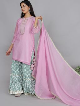 Spring Soul - Multi-Color Chanderi Sharara with Kurta and Dupatta (Set of 3)