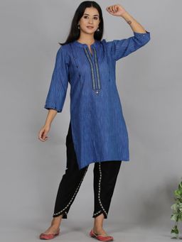 Spring Soul - Blue and Black Solid Cotton A-Line Kurta with Dhoti Pant (Set of 2)