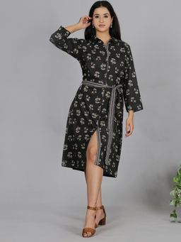 Spring Soul - Grey Printed Cotton Shirt Dress with Belt
