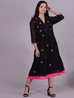 Spring Soul - Black Chanderi Gathered Embroidery Dress