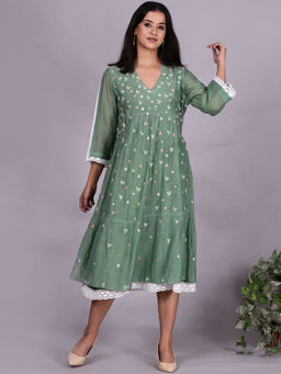 Spring Soul - Green Chanderi Gathered Embroidery Dress