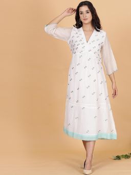 Spring Soul - White Chanderi Gathered Embroidery Dress