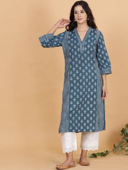 Spring Soul - Kantha Blue Panelled A-Line Kurta