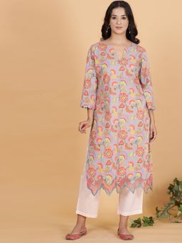 Spring Soul - Grey Floral Printed Kurta With Organza Detailing