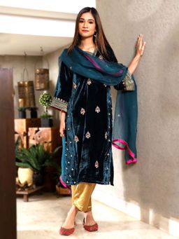 Spring Soul - Teal Embroidered Velvet Kurta Set with Mashru Silk Pants & Dupatta
