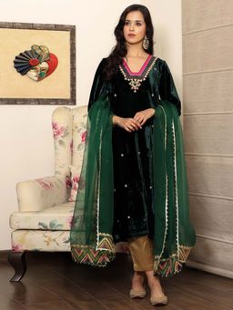 Spring Soul - Green Embroidered Velvet Kurta with Silk Pant and Organza Dupatta (Set of 3)