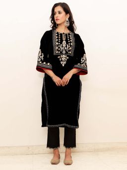 Spring Soul - Black Embroidered Velvet Kurta with Mashru Silk Pant (Set of 2)
