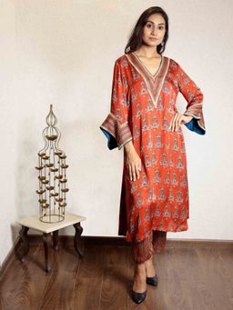 Spring Soul - Red Ajrakh Printed Modal Silk Kurta with Bell Sleeves