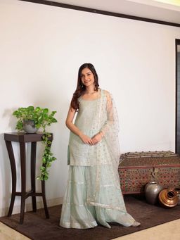 Spring Soul - Aqua Green Metallic Sharara with Kurta and Dupatta (Set of 3)