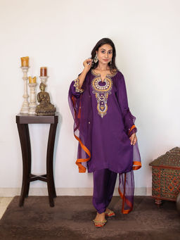 Spring Soul - Purple Modal Silk Embroidered Kurta and Pant with Organza Dupatta (Set of 3)