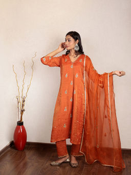 Spring Soul - Orange Tissue Chanderi Hand Embroidered Kurta and Pant with Dupatta (Set of 3)