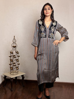 Spring Soul - Multicolored Hand Embroidered Striped Modal Silk Kurta and Pant (Set of 2)