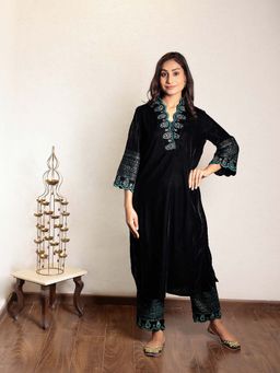 Spring Soul - Black Embroidered V-Neck Velvet Kurta