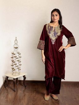 Spring Soul - Wine Embroidered Velvet Kurta