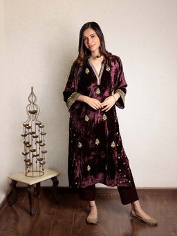 Spring Soul - Wine Embroidered V-Neck Velvet Kurta