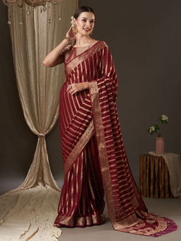 Akhilam - Women Georgette Maroon Woven Design Designer Saree with Unstitched Blouse