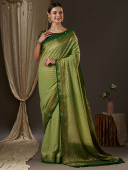 Akhilam - Women Georgette Light Green Woven Design Designer Saree with Unstitched Blouse