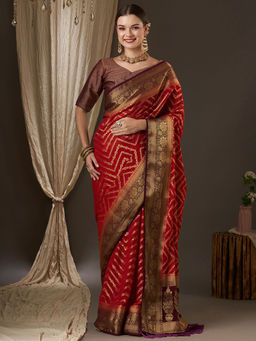 Akhilam - Women Georgette Maroon Woven Design Designer Saree with Unstitched Blouse
