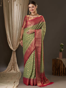 Akhilam - Women Georgette Light Green Woven Design Designer Saree with Unstitched Blouse