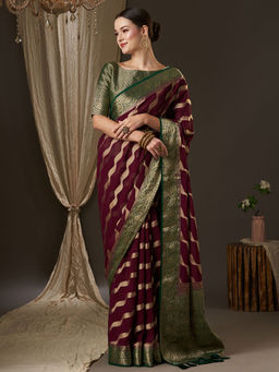 Akhilam - Women Georgette Maroon Woven Design Designer Saree with Unstitched Blouse