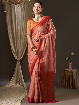 Akhilam - Women Georgette Pink Woven Design Designer Saree with Unstitched Blouse