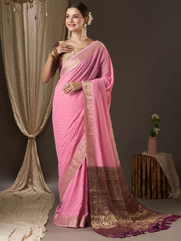 Akhilam - Women Georgette Pink Woven Design Designer Saree with Unstitched Blouse