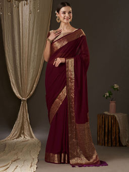 Akhilam - Women Georgette Maroon Woven Design Designer Saree with Unstitched Blouse