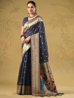 Akhilam - Women Silk Blend Navy Blue Woven Design Designer Saree with Unstitched Blouse