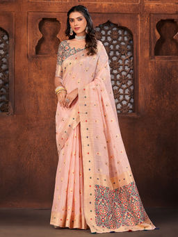 Akhilam - Women Cotton Blend Rose Gold Woven Design Designer Saree with Unstitched Blouse