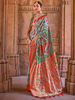 Sareemall - Women Silk Blend Light Green Woven Design Designer Saree with Unstitched Blouse