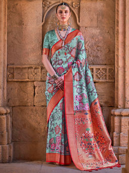 Sareemall - Women Silk Blend Turquoise Woven Design Designer Saree with Unstitched Blouse