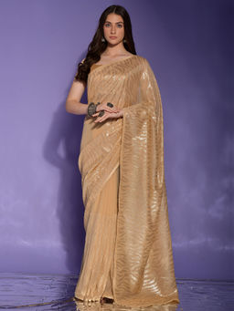 Akhilam - Women Georgette Beige Embellished Designer Saree with Unstitched Blouse