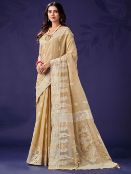 Akhilam - Women Cotton Blend Beige Woven Design Designer Saree with Unstitched Blouse