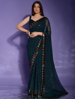 Akhilam - Women Georgette Teal blue Embellished Designer Saree with Unstitched Blouse