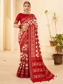 Sareemall - Women Silk Blend Red Printed Designer Saree with Unstitched Blouse