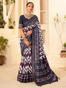 Sareemall - Women Silk Blend Navy Blue Printed Designer Saree with Unstitched Blouse