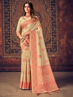 Akhilam - Women Cotton Blend Beige Woven Design Designer Saree with Unstitched Blouse