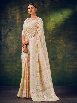 Akhilam - Women Cotton Blend Beige Woven Design Designer Saree with Unstitched Blouse