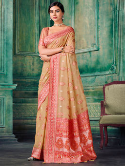 Akhilam - Women Cotton Blend Beige Woven Design Designer Saree with Unstitched Blouse