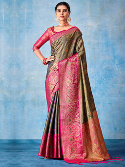 Akhilam - Women Silk Blend Metallic Woven Design Designer Saree with Unstitched Blouse