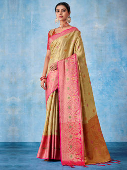 Akhilam - Women Silk Blend Beige Woven Design Designer Saree with Unstitched Blouse